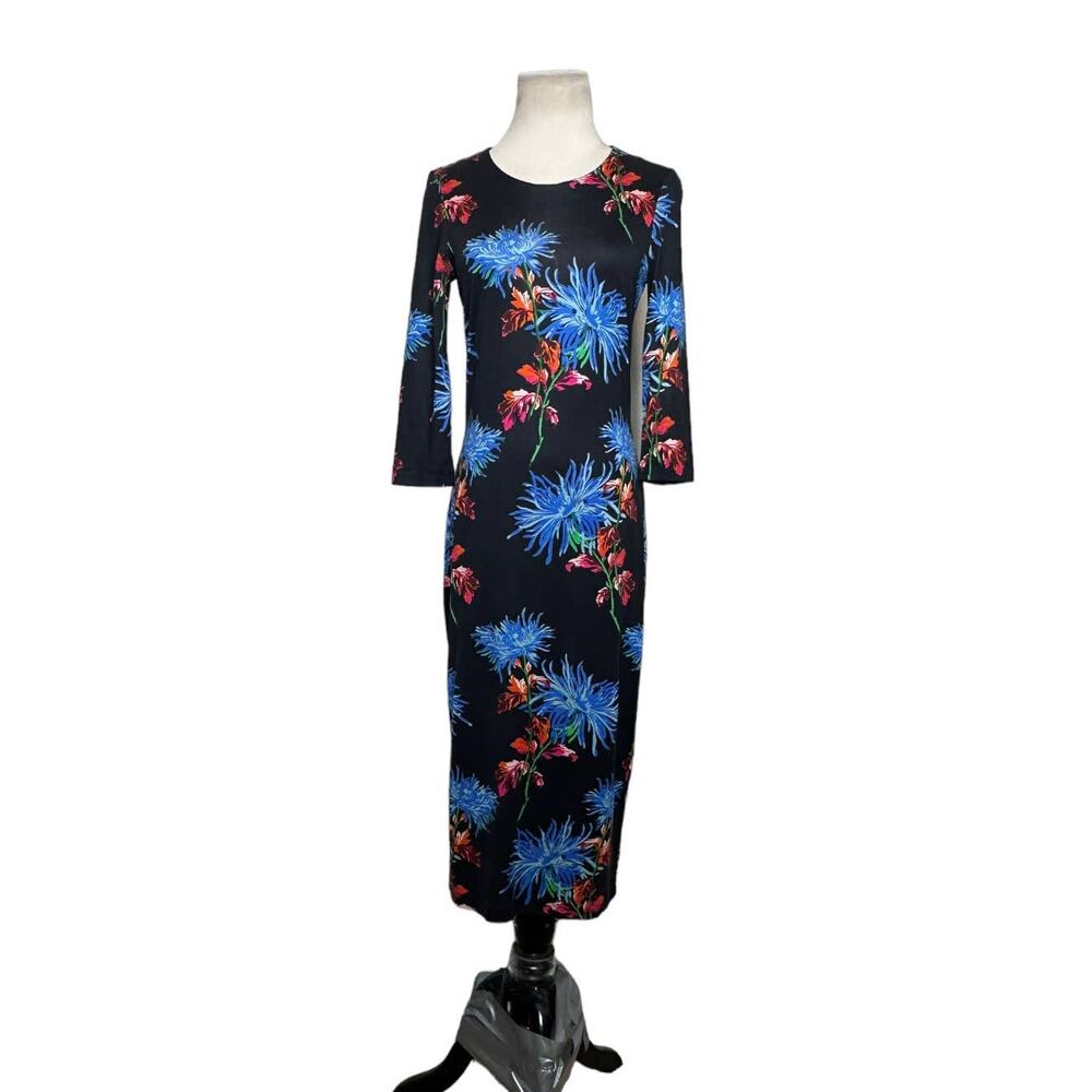 Diane Von Furstenberg black blue red floral sheath midi dress size XS